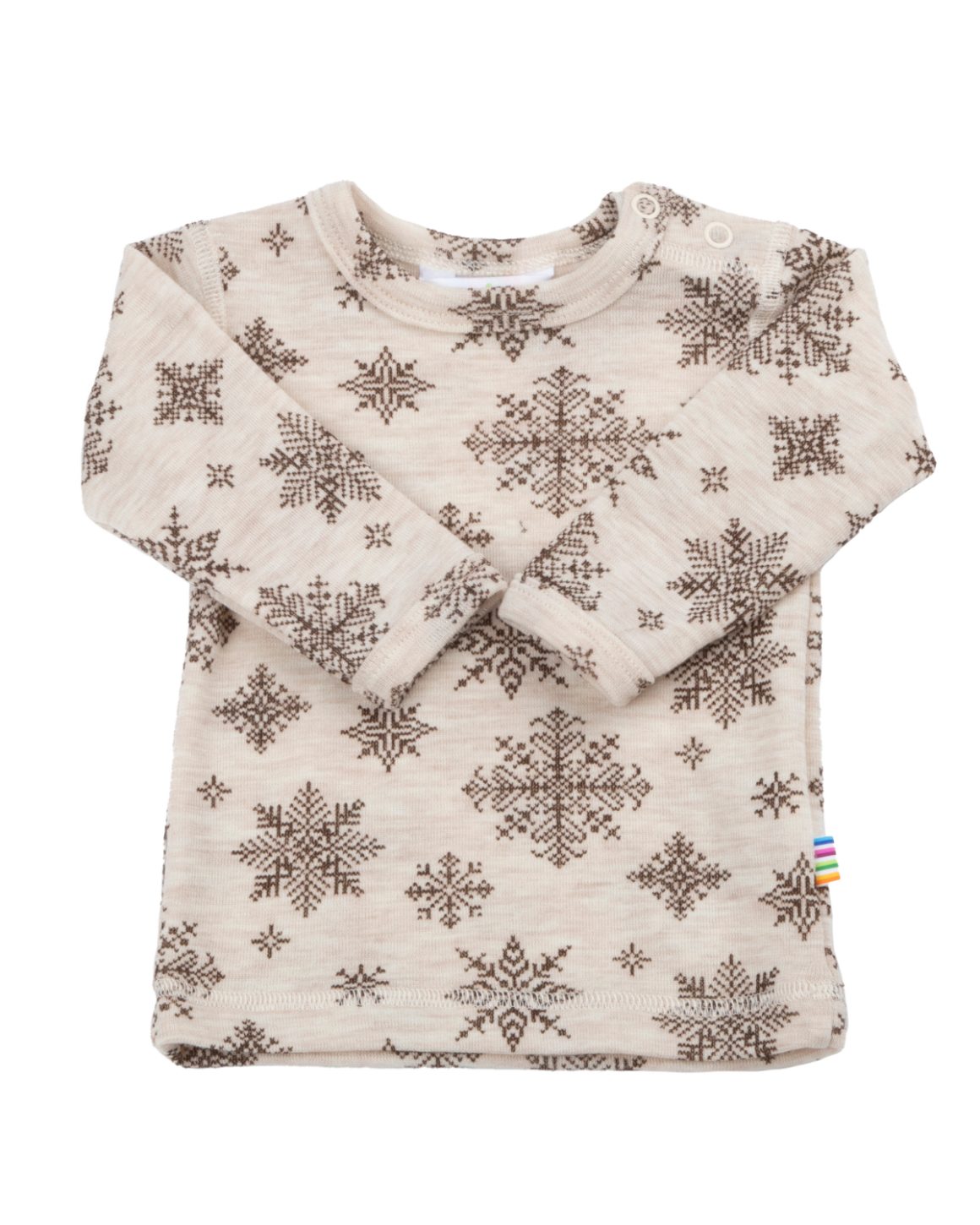 Beige Joha ulltrøye til baby og barn i brunt snøfnugg mønster.
