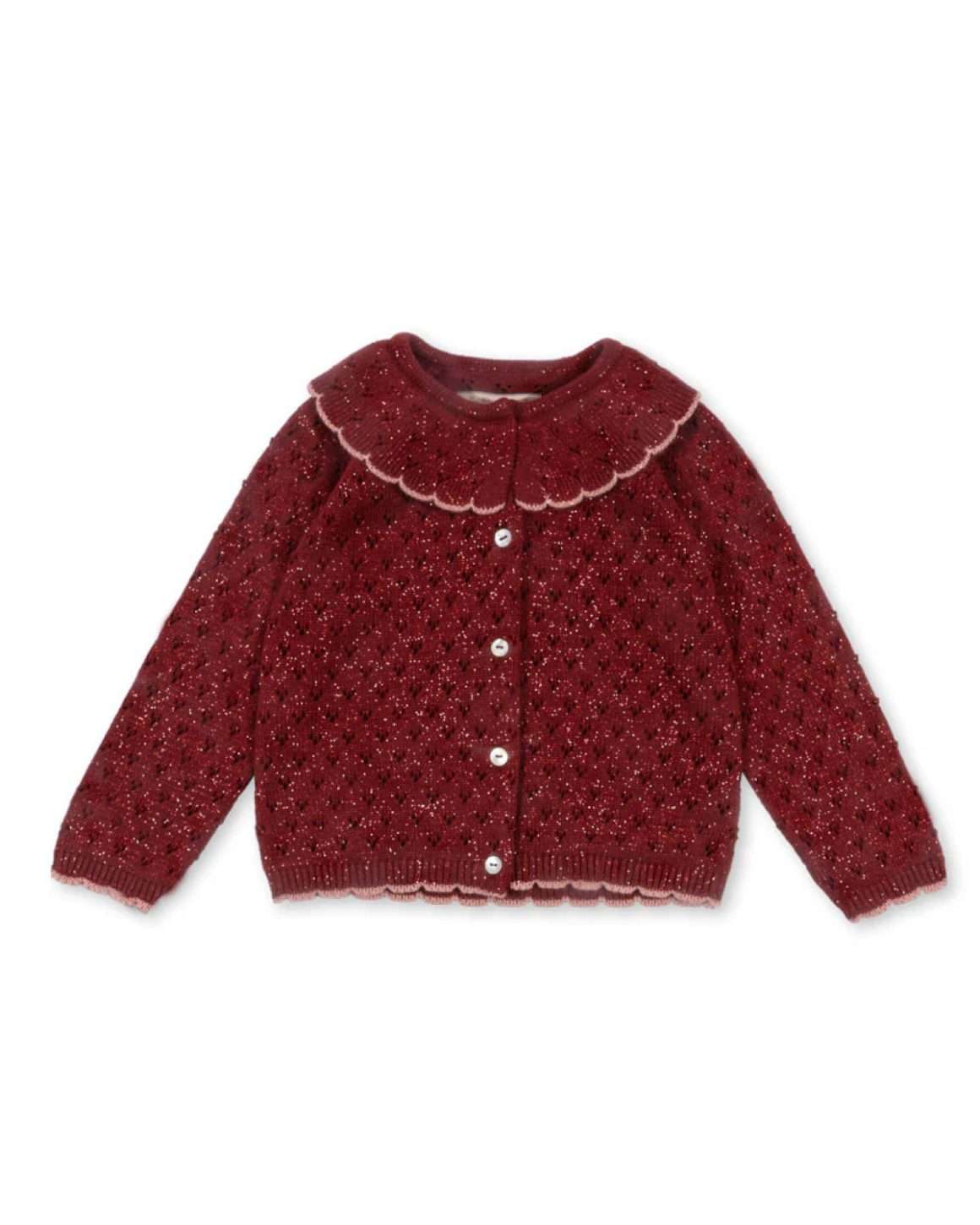 cardigan strikket m/ glitter Øko bomull | holiday knit cardigan (farge: rød red dahlia) ferdig tekst ks101994