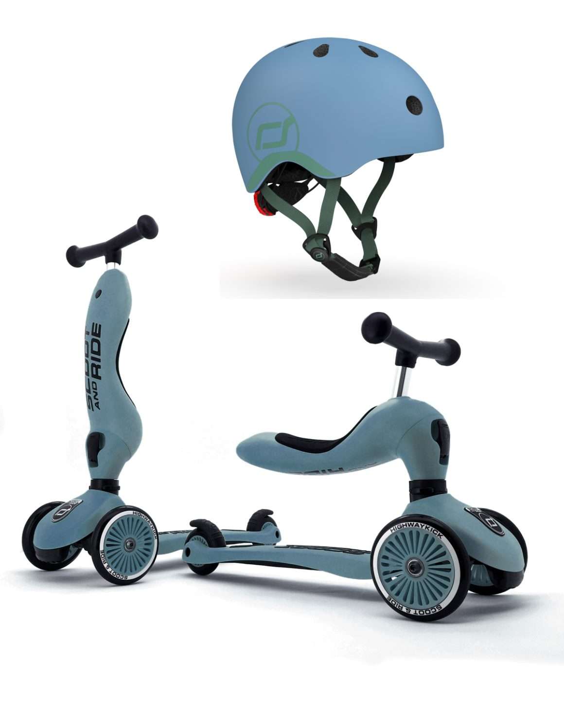 sparkesykkel & løpesykkel scoot & ride highwaykick 1+hjelm | barn 1 5 år (steel)