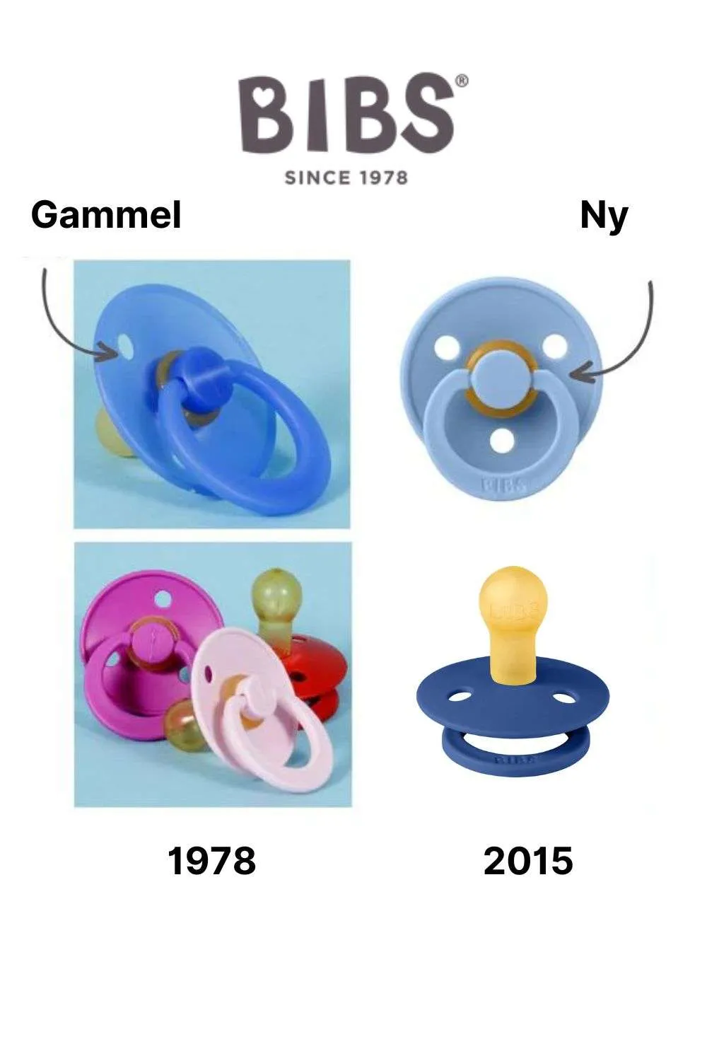 bibs smokk i ny, 2015 versjon, vs gammel, 1978 versjon. Sutten er identisk som før, rundt naturgummi smokk.Selve dekselet har blitt modernisert.