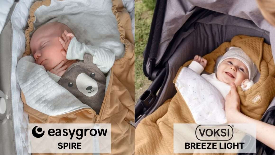 To bilder av to beige vognposer. Easygrow Spire og Voksi Breeze light. Begge bildene viser en liten baby pakket inn i en vognpose. Til venste, Easygrow Sprie vognpose hvor baby sover, posen er halveis åpen hvor vi godt kan se at innsiden har quiltet struktur i små diamantformer. Til høyre, Voksi Breeze, hvor baby ligger ute i vogn og smiler opp til noen som lener seg over vognen. Posen her er også litt åpnet som viser en glatt innside.