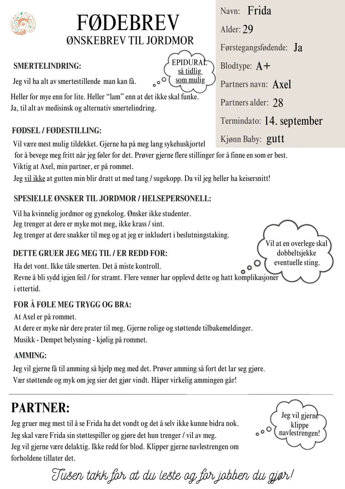 Ønskebrev til jordmor skrevet av Frida som er førstegangsfødende. Fødebrev eksempel inneholder punkter om ønsker rundt selve fødselen og etter. 