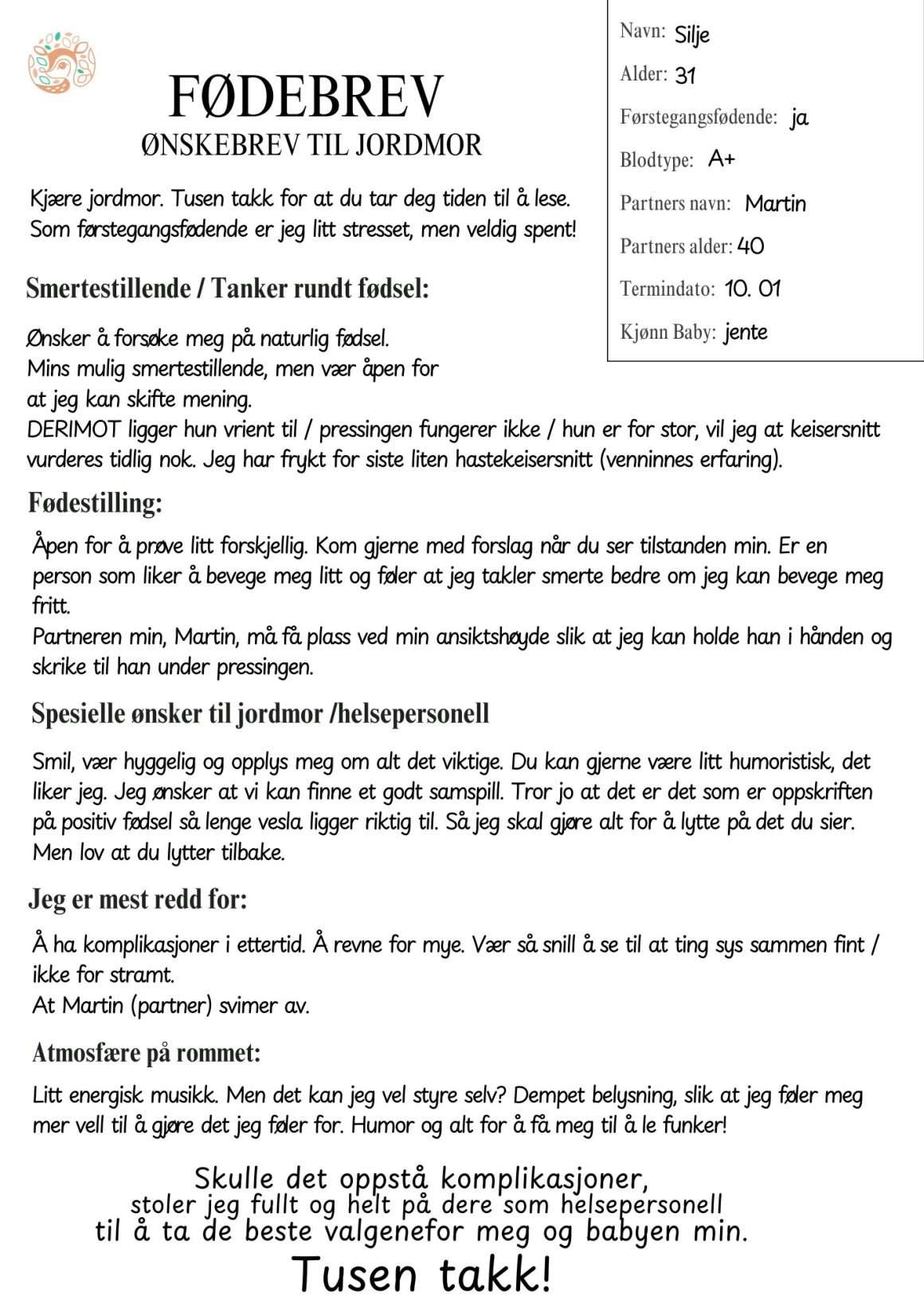 Fødebrev eksempel som forteller jordbor om ønsker rundt fødselen. Skrevet av en førstegangsfødende.