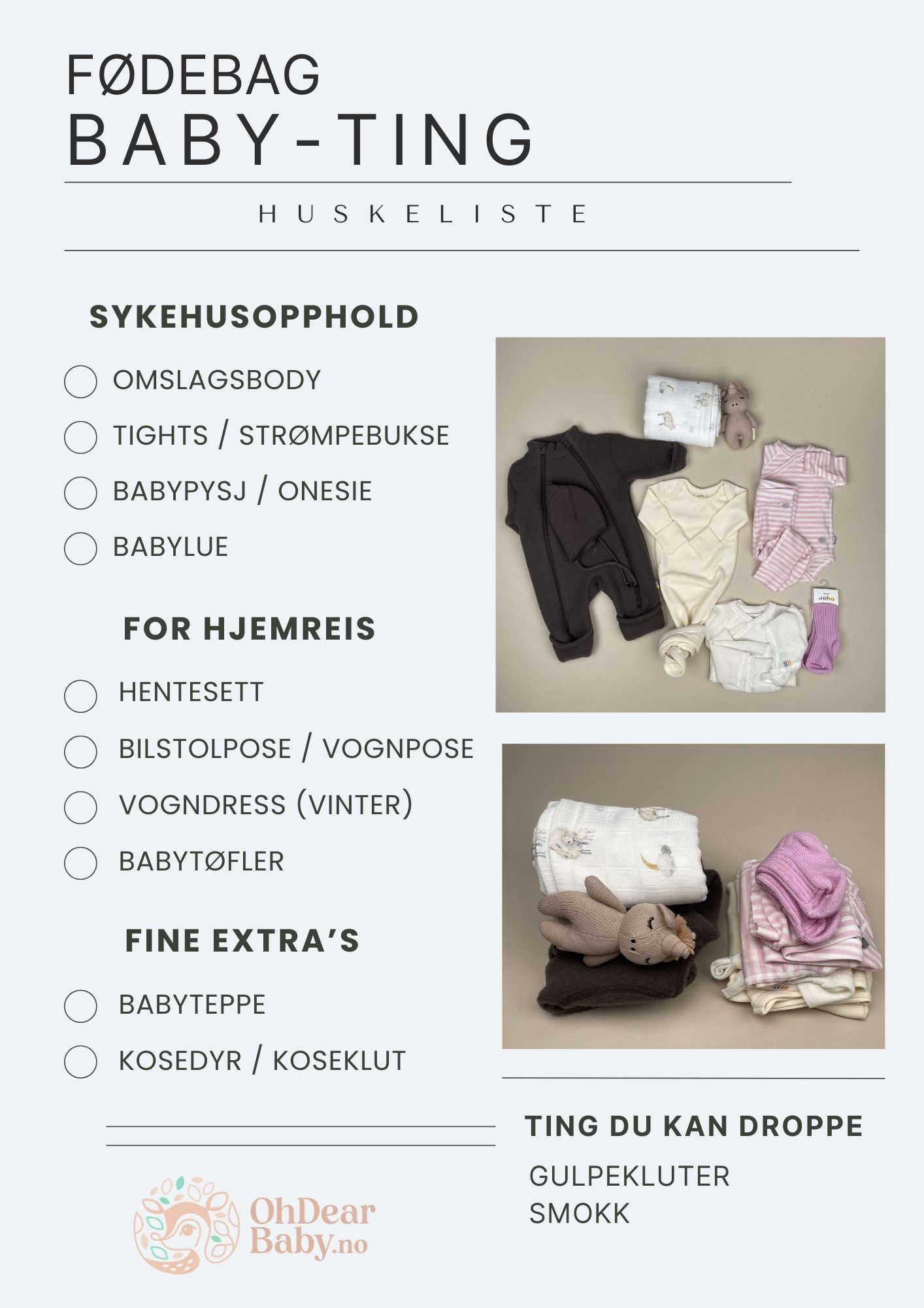 Fødebag Liste Baby. Pakkeliste for hva som bør tas med av babyting til sykehuset når det er tid for å føde.