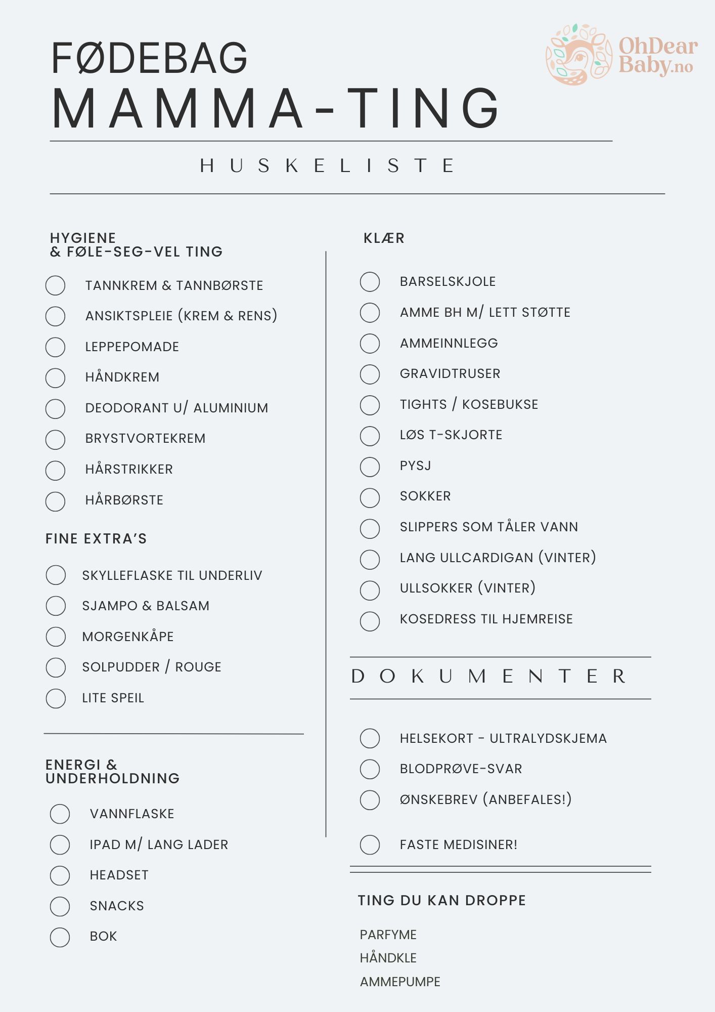 Fødebag Liste Mor. Huskeliste for mor når det er tid for å pakke fødebag med ting hun trenger til seg selv.