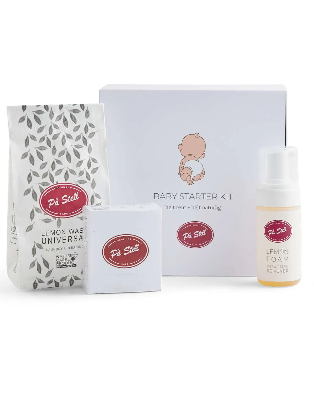 På Stell Baby Starter Kit - En eske med På Stell Sitronsåpe, På stell sitronrens og en pakke På Stell sitronvask 500g.