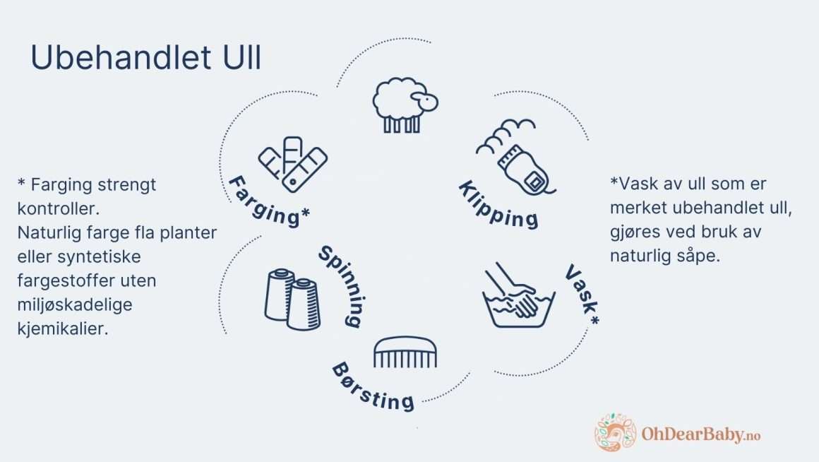 Prosessen ullgarn går igjennom for ullklær merket som ubehandlet ull. Illustrasjon fra OhDearbaby.no