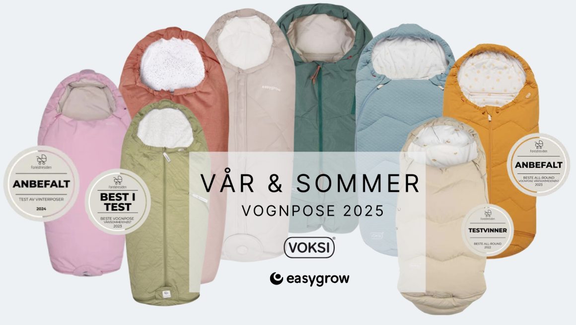 Banner for vognpose vår og sommer 2025 kolleksjonen fra Voksi og Easygrow. På bilde er det 8 vårposer i ulike modeller og farger. Tre av vognposene er kåret Best i test vognpose av foreldresiden.