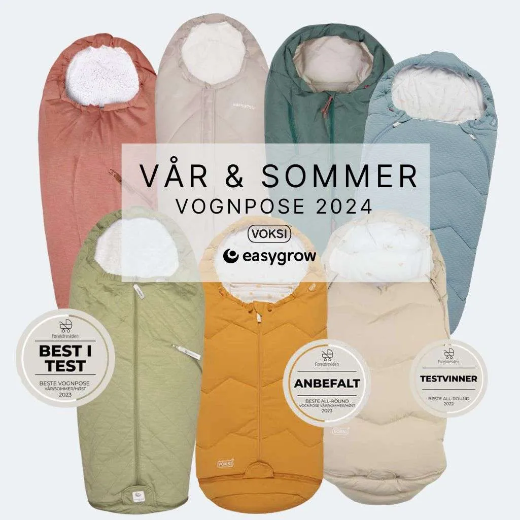 Vognpose vår og Sommer 2024 modeller fra Voksi og Easygrow. Bilde viser 7 ulike poser, både farge og modell er nnerledes. I front er Best i test vognposer vår 2023 kåret av foreldresiden. Til venstre Best i test vognpose vår / sommer / høst, Beste All around vårpose, og Testvinner Beste all round helårspose.